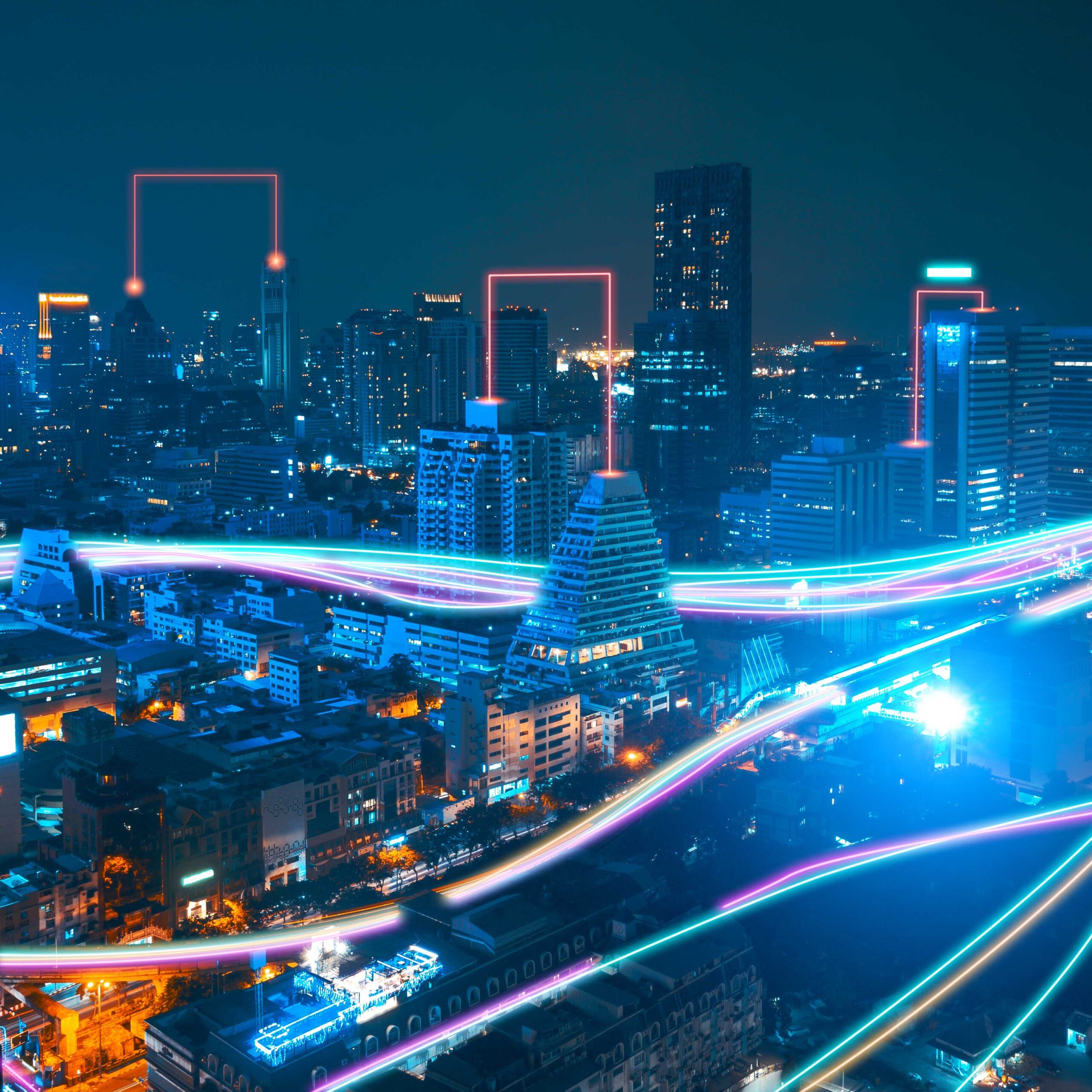 Technology concept showing a smart city with speed line glowing light trail surround the city.